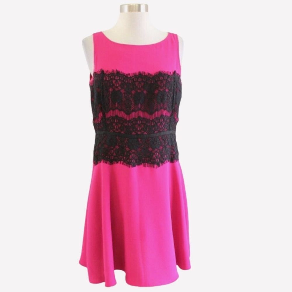 SALE Loft Fit and Flare Cocktail Dress Hot Pink with Black Lace